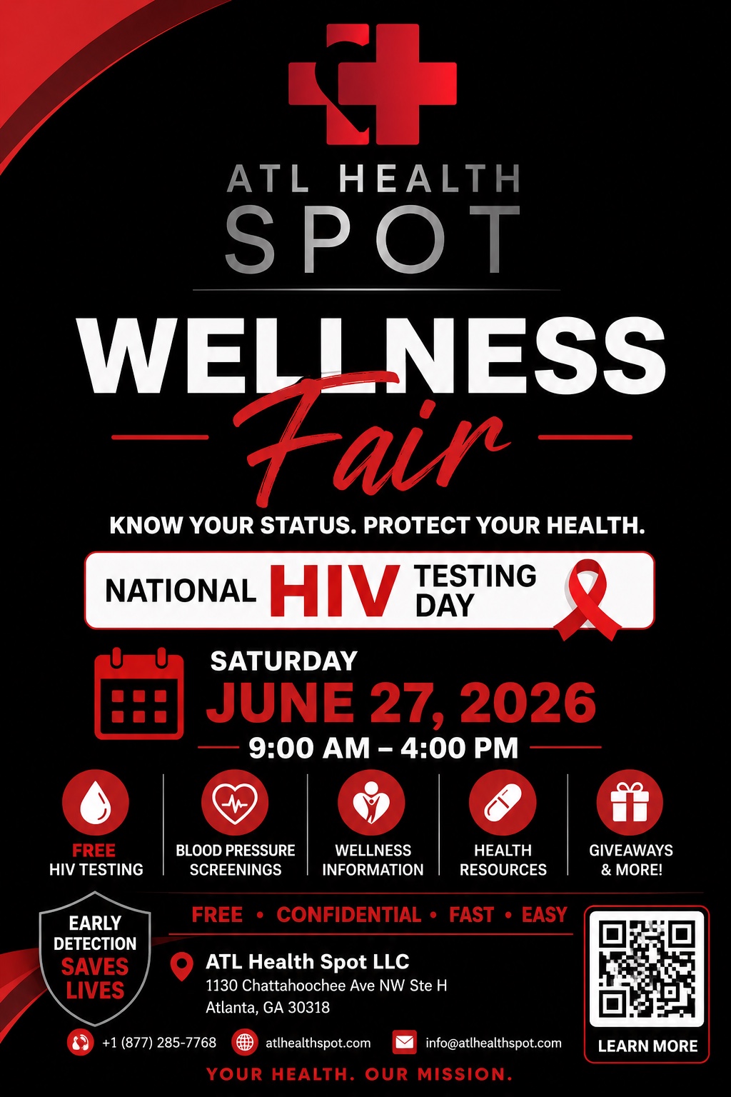 ATL Health Spot Wellness Fair flyer — National HIV Testing Day, Saturday June 27, 2026, 9 AM to 4 PM