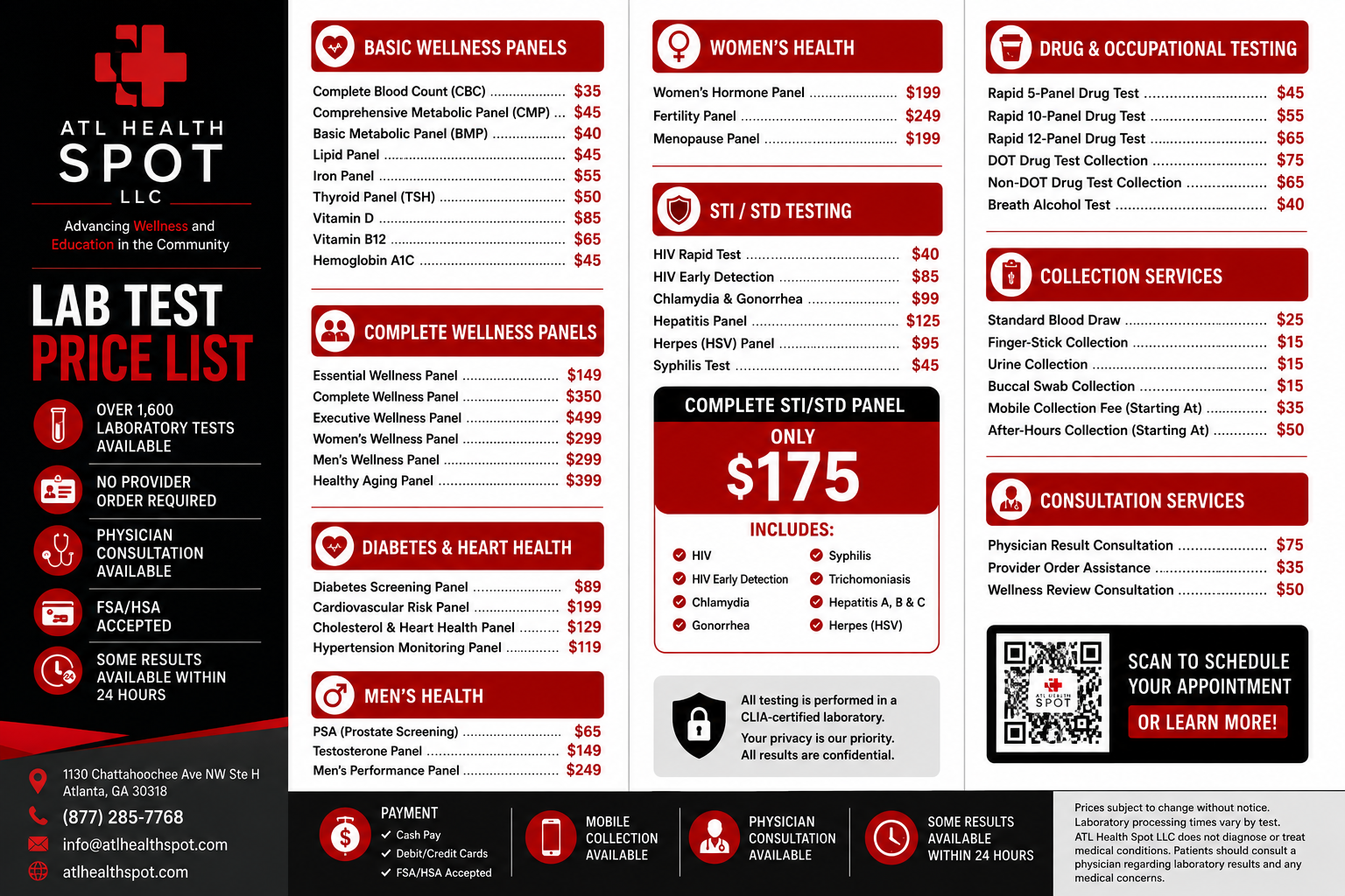 ATL Health Spot LLC full lab test price list
