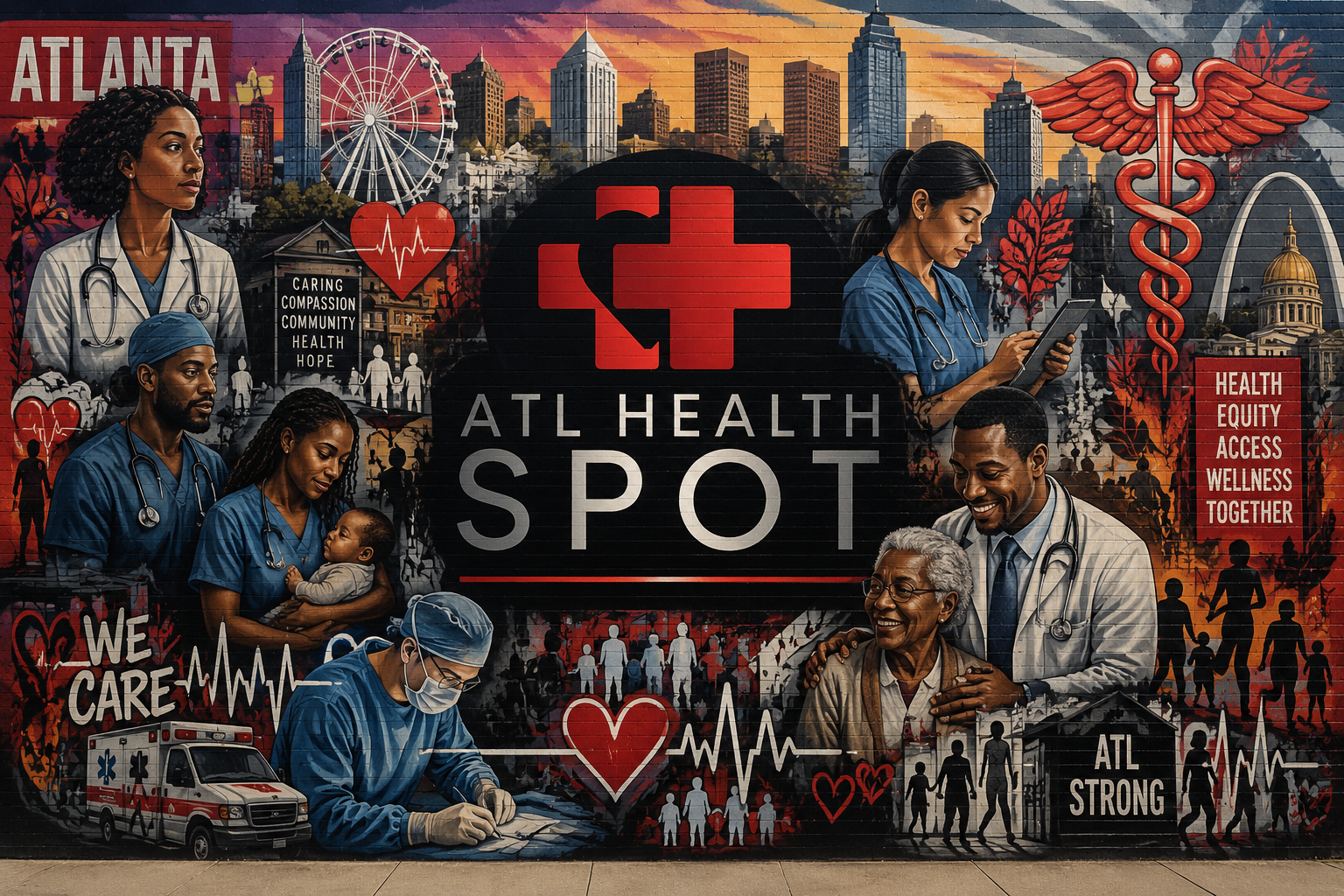 ATL Health Spot community mural — Atlanta skyline, healthcare workers, families, and patients with the words Caring, Compassion, Community, Health, Hope, We Care, and ATL Strong.