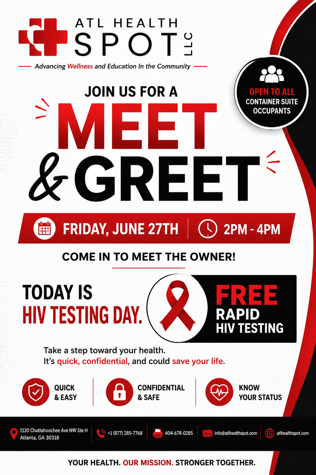 ATL Health Spot Meet & Greet flyer — Friday June 27th, 2 PM to 4 PM, free rapid HIV testing